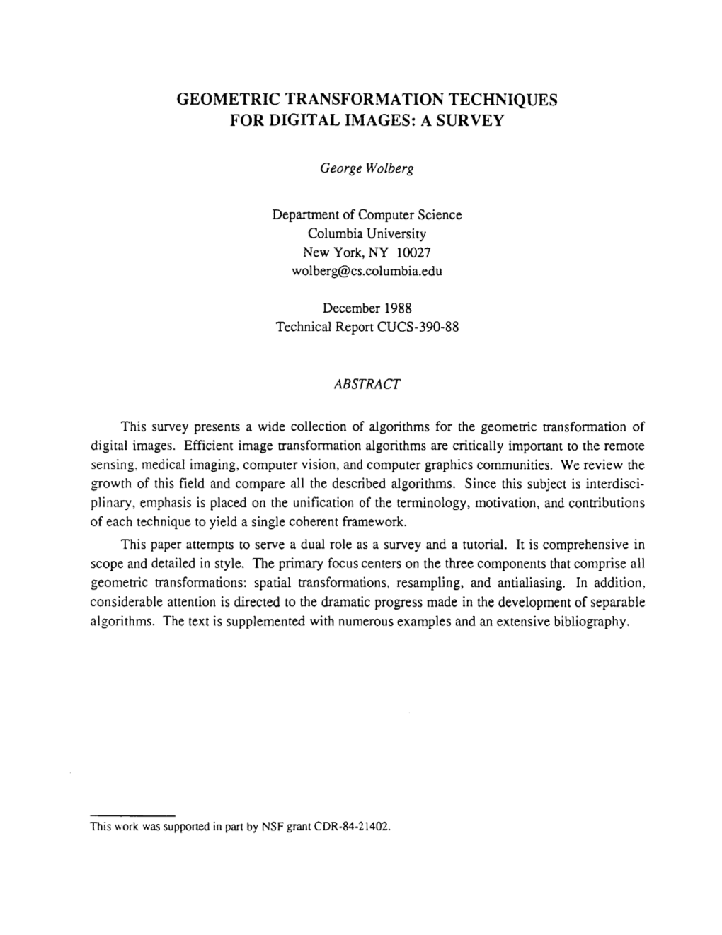 Geometric Transformation Techniques for Digital I~Iages: a Survey