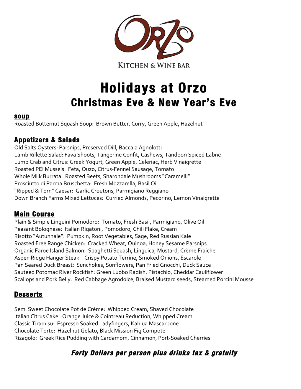 Holidays at Orzo Christmas Eve & New Year's