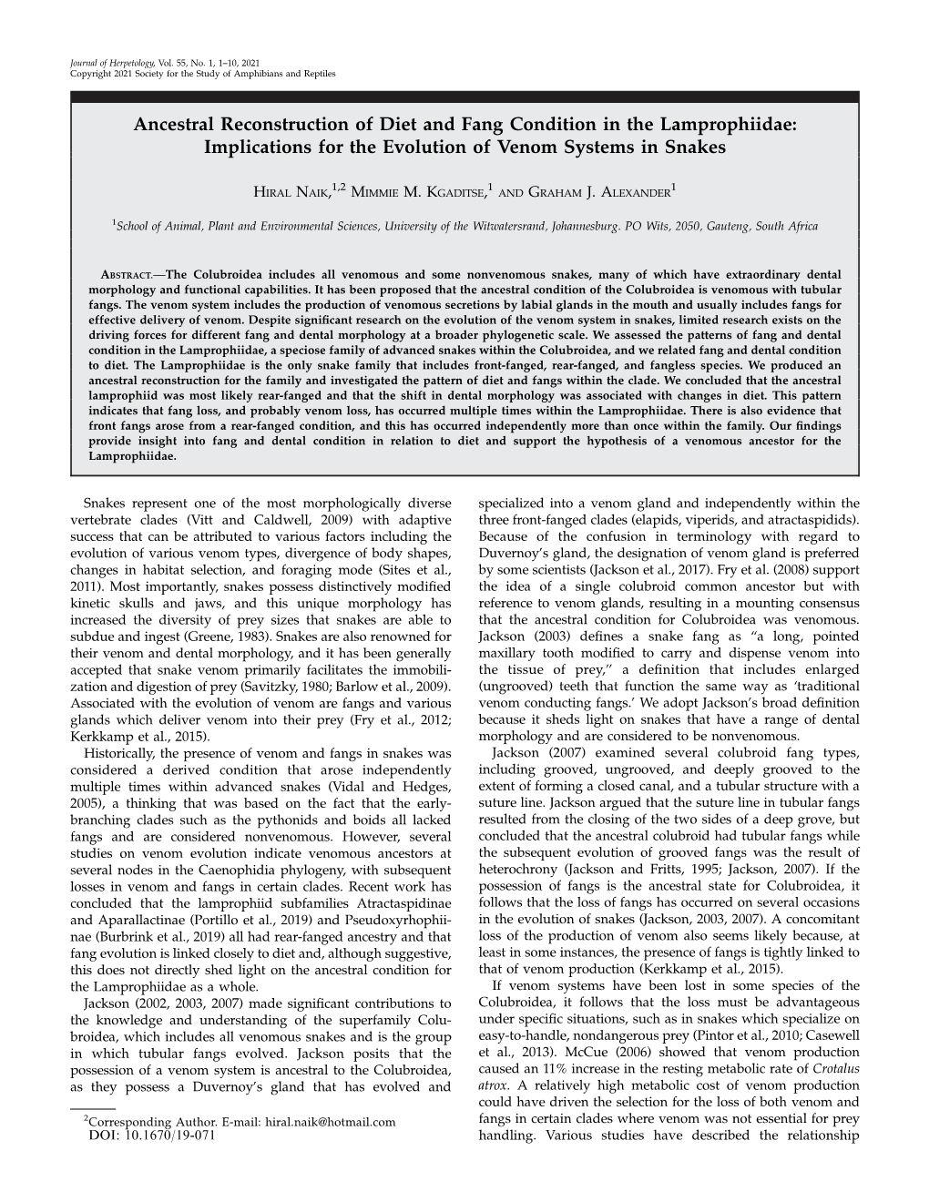 Ancestral Reconstruction of Diet and Fang Condition in the Lamprophiidae: Implications for the Evolution of Venom Systems in Snakes