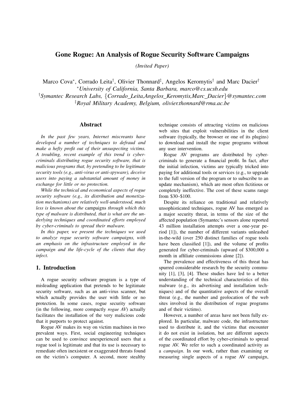 Gone Rogue: an Analysis of Rogue Security Software Campaigns (Invited Paper)