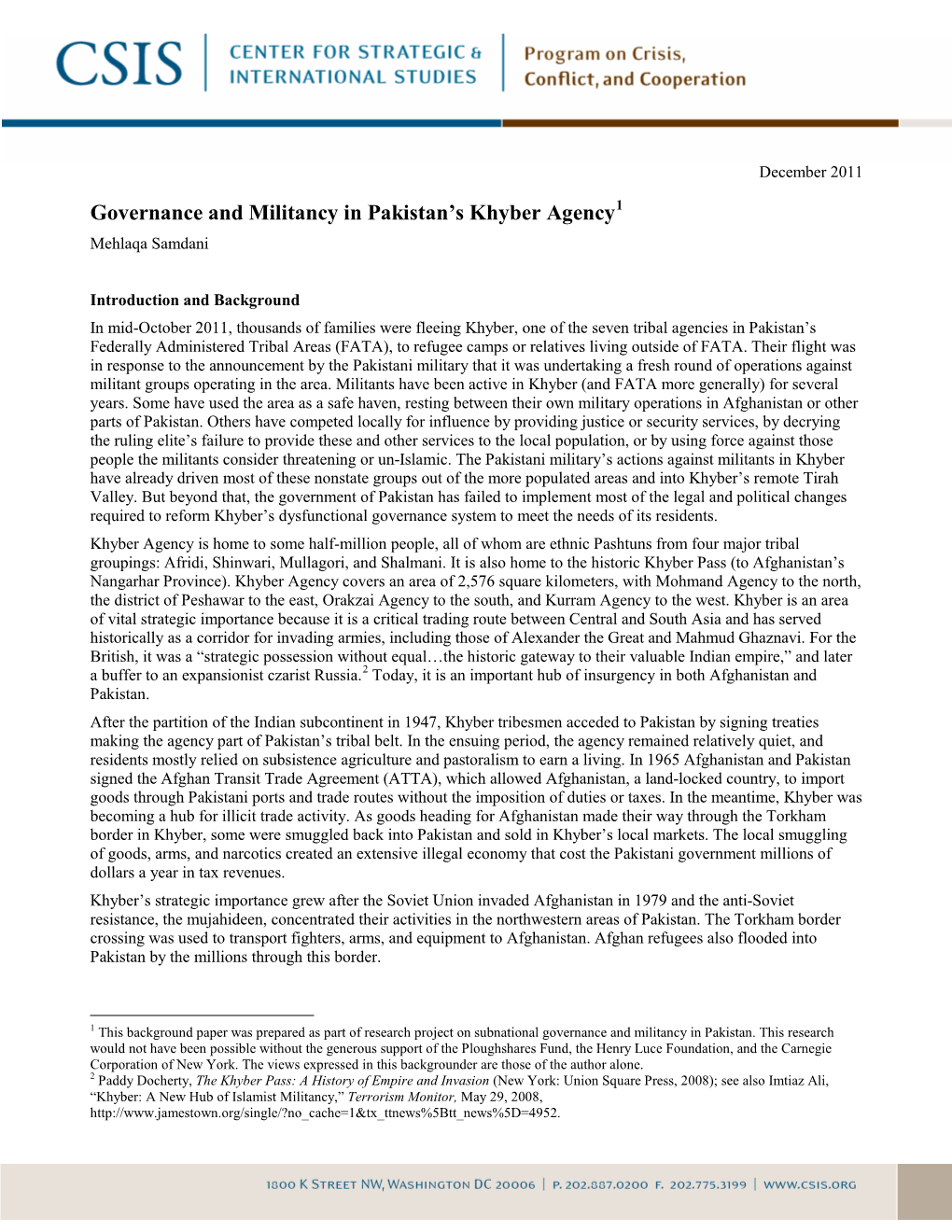 Governance and Militancy in Pakistan's Kyber Agency