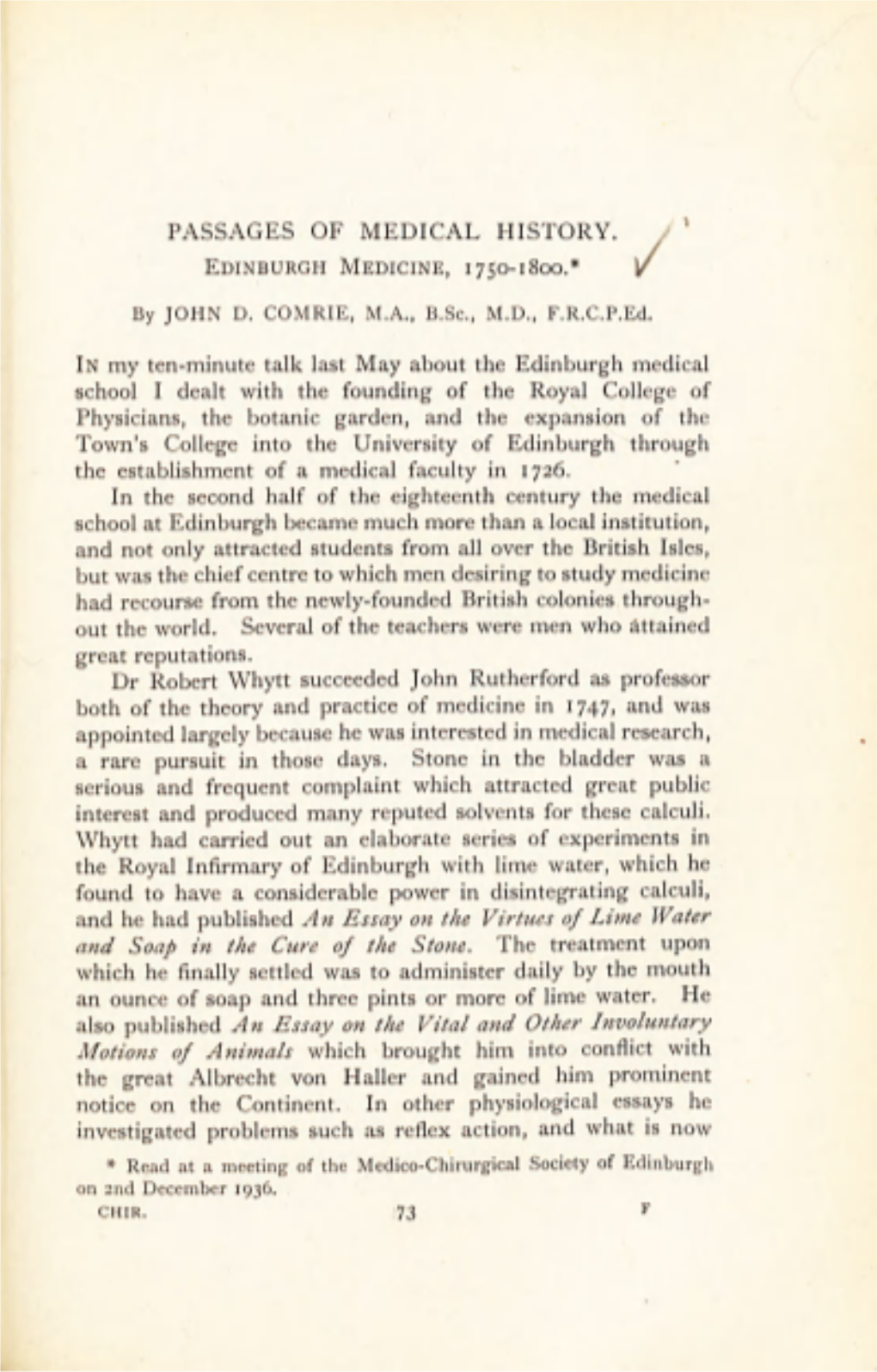 PASSAGES of MEDICAL HISTORY. Edinburgh Medicine, 1750-1800.*