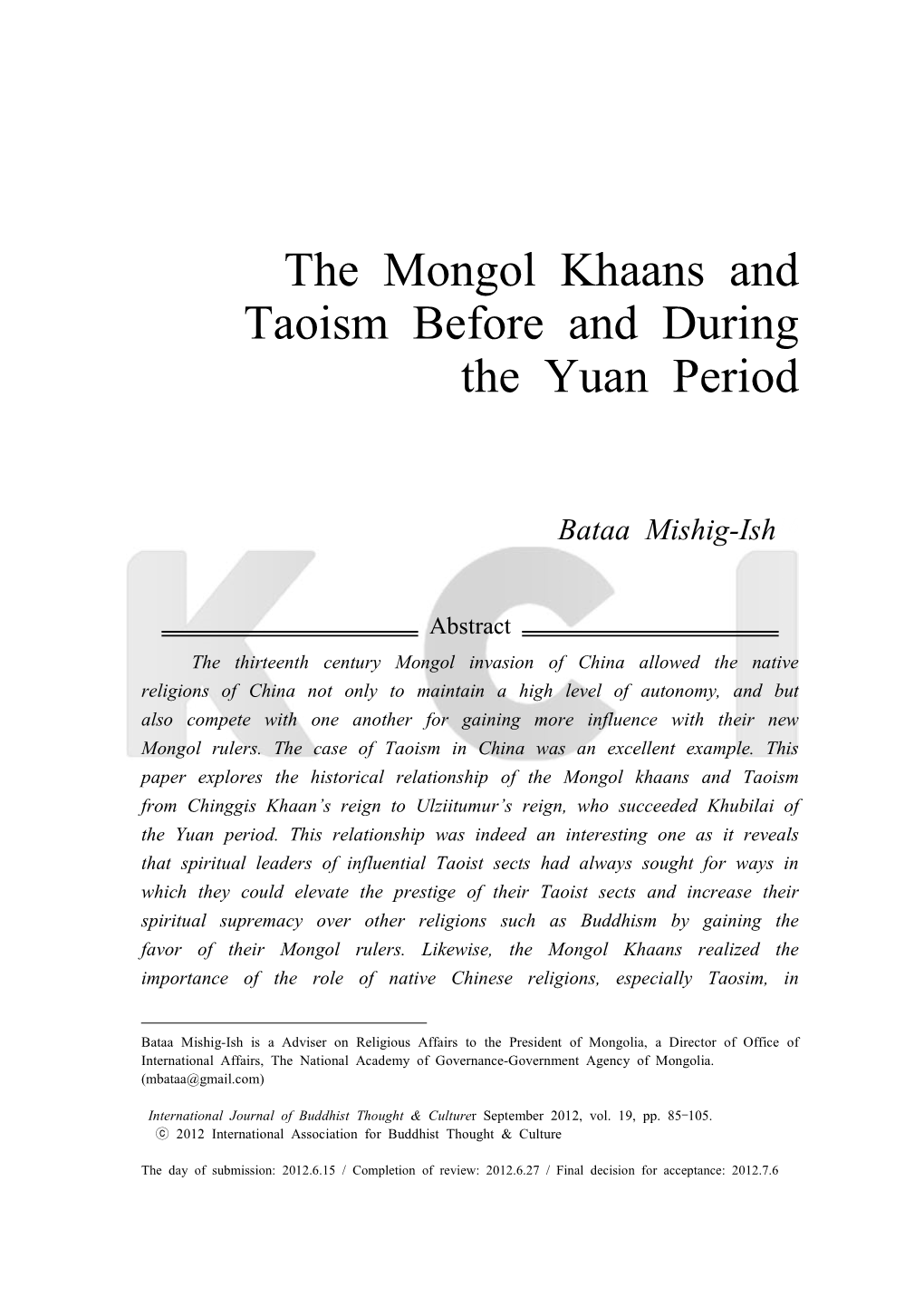 The Mongol Khaans and Taoism Before and During the Yuan Period