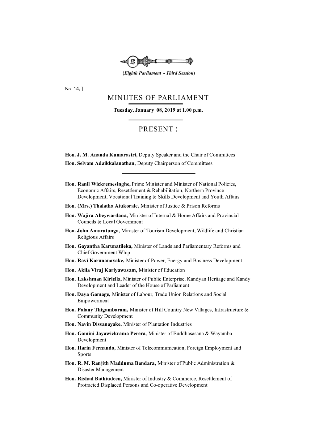 Minutes of Parliament for 08.01.2019