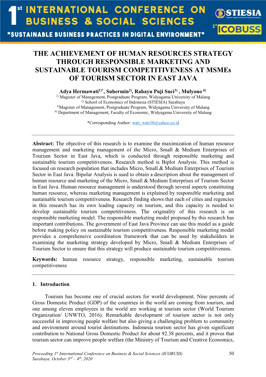 THE ACHIEVEMENT of HUMAN RESOURCES STRATEGY THROUGH RESPONSIBLE MARKETING and SUSTAINABLE TOURISM COMPETITIVENESS at Msmes of TOURISM SECTOR in EAST JAVA