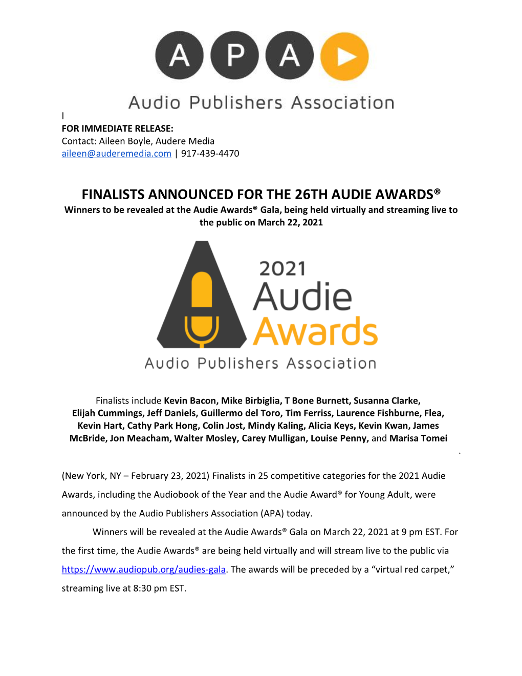 2021 Audie Award® Finalists Announced