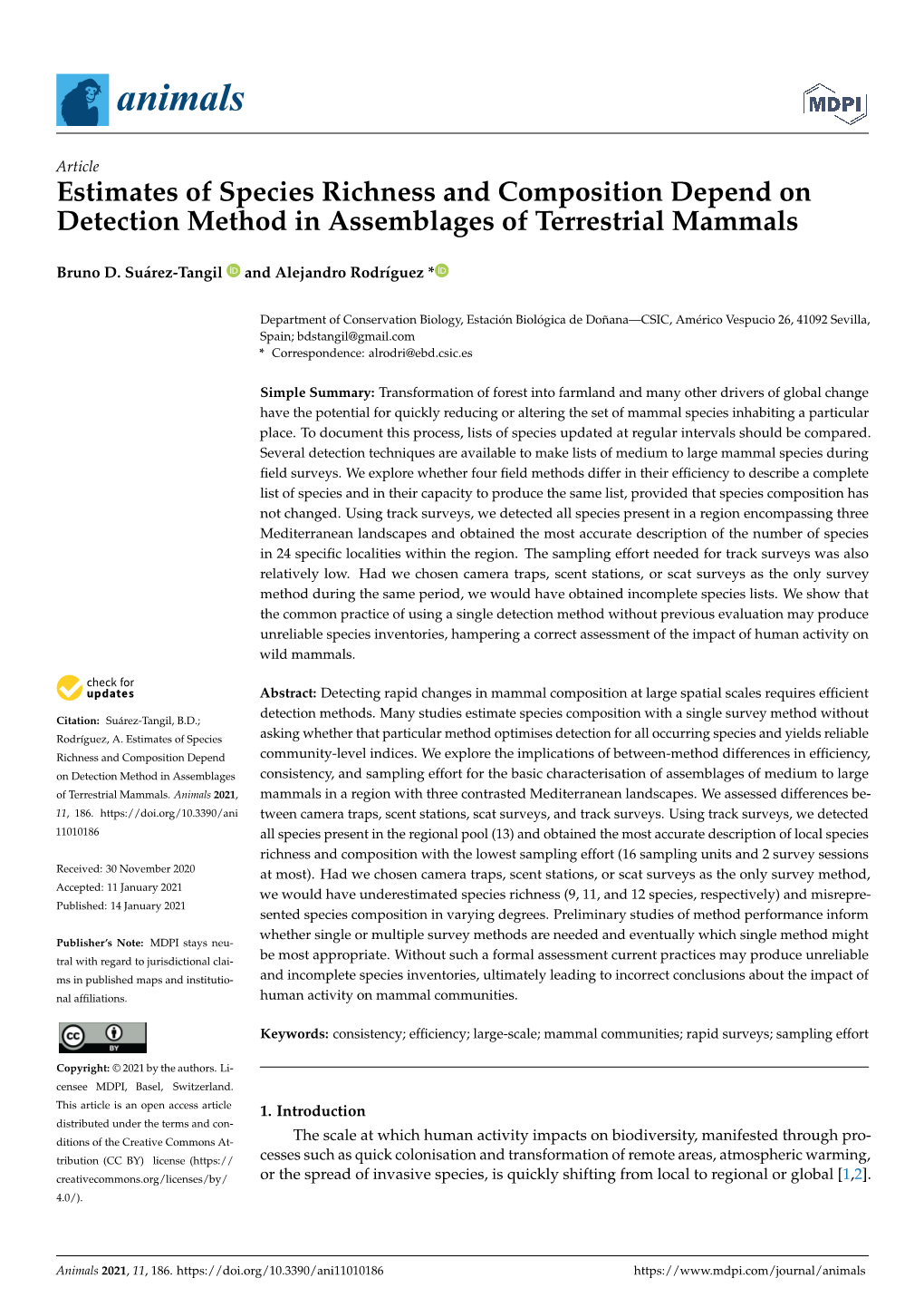 Estimates of Species Richness and Composition Depend on Detection Method in Assemblages of Terrestrial Mammals