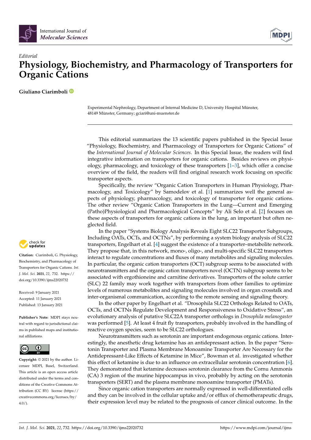 Physiology, Biochemistry, and Pharmacology of Transporters for Organic Cations