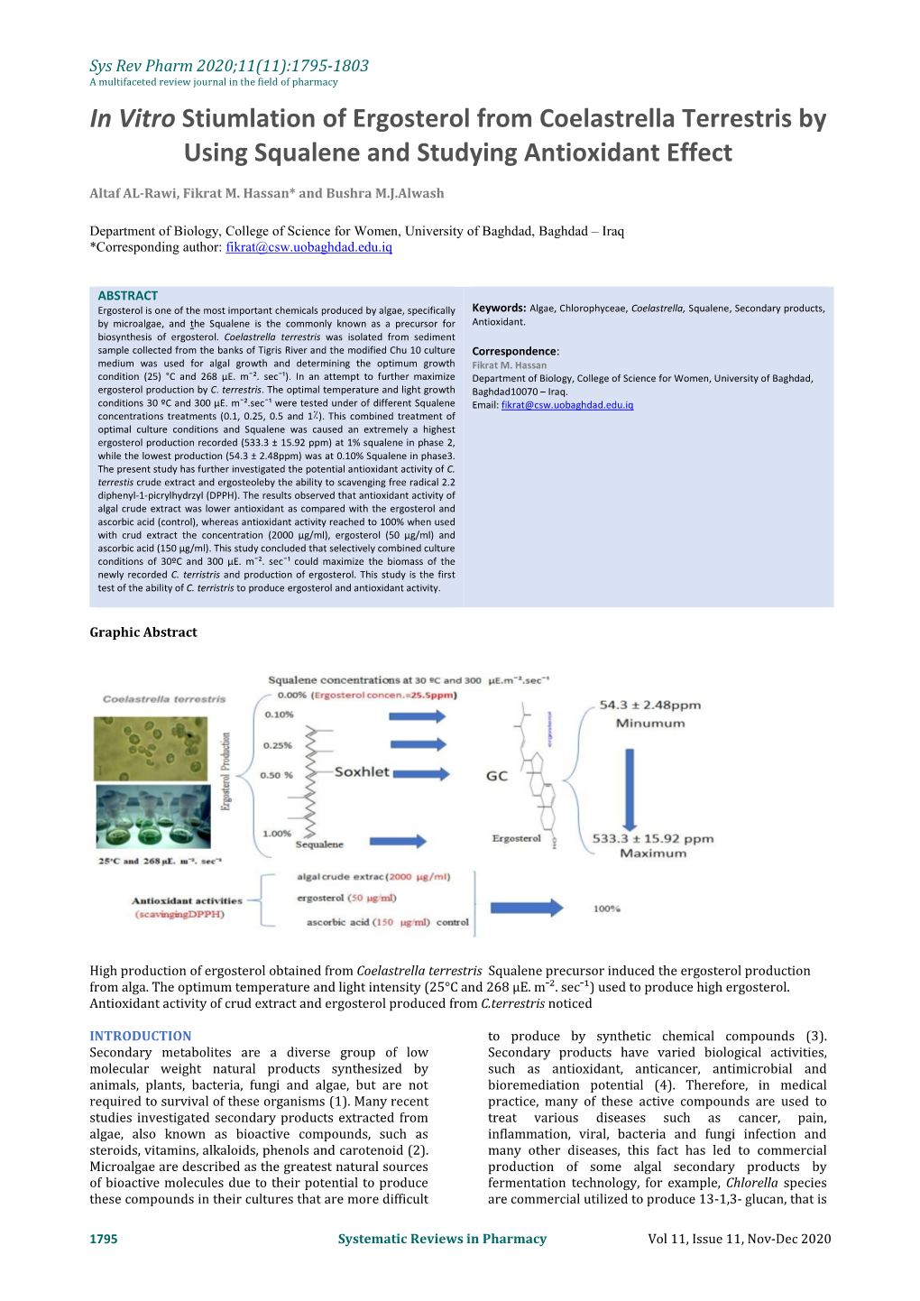 In Vitro Stiumlation of Ergosterol from Coelastrella Terrestris by Using Squalene and Studying Antioxidant Effect