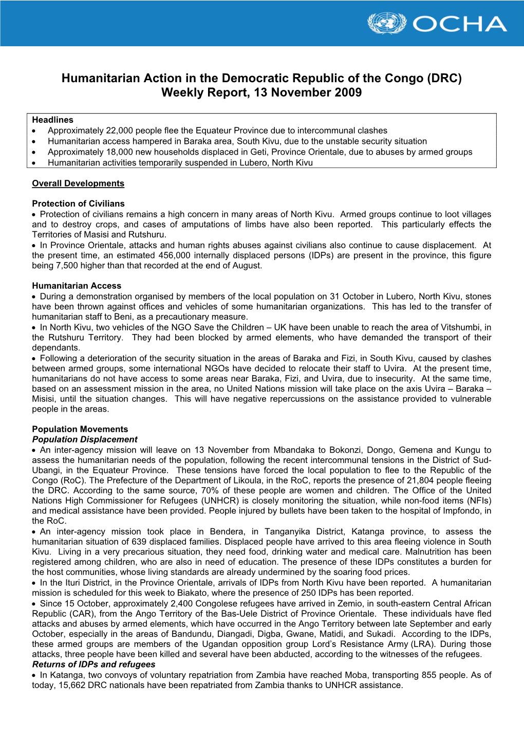 Humanitarian Action in the Democratic Republic of the Congo (DRC) Weekly Report, 13 November 2009