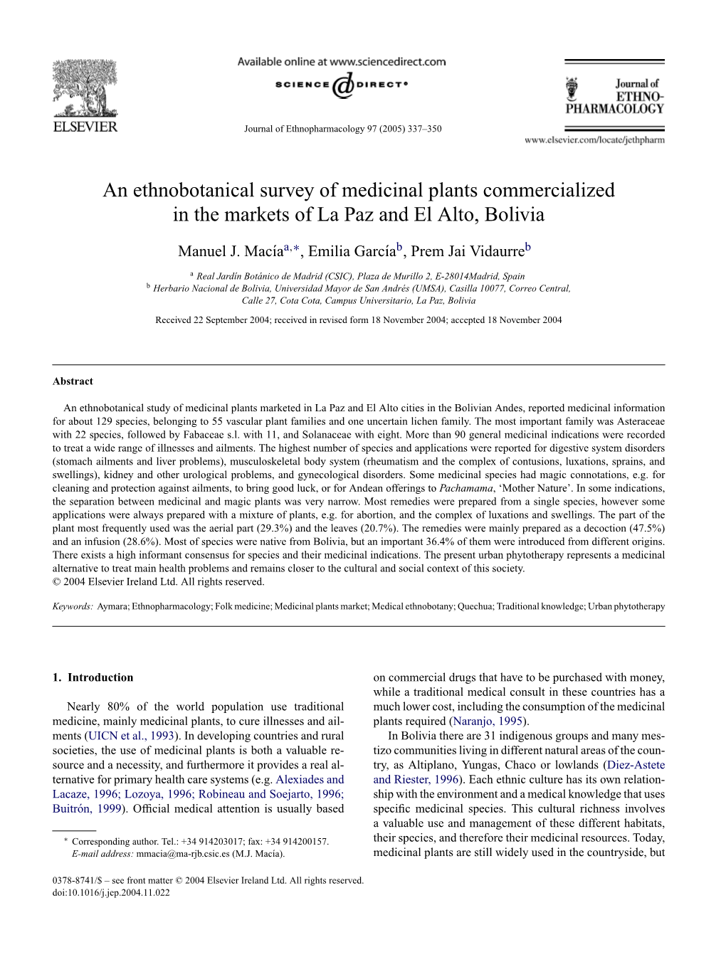 An Ethnobotanical Survey of Medicinal Plants Commercialized in the Markets of La Paz and El Alto, Bolivia