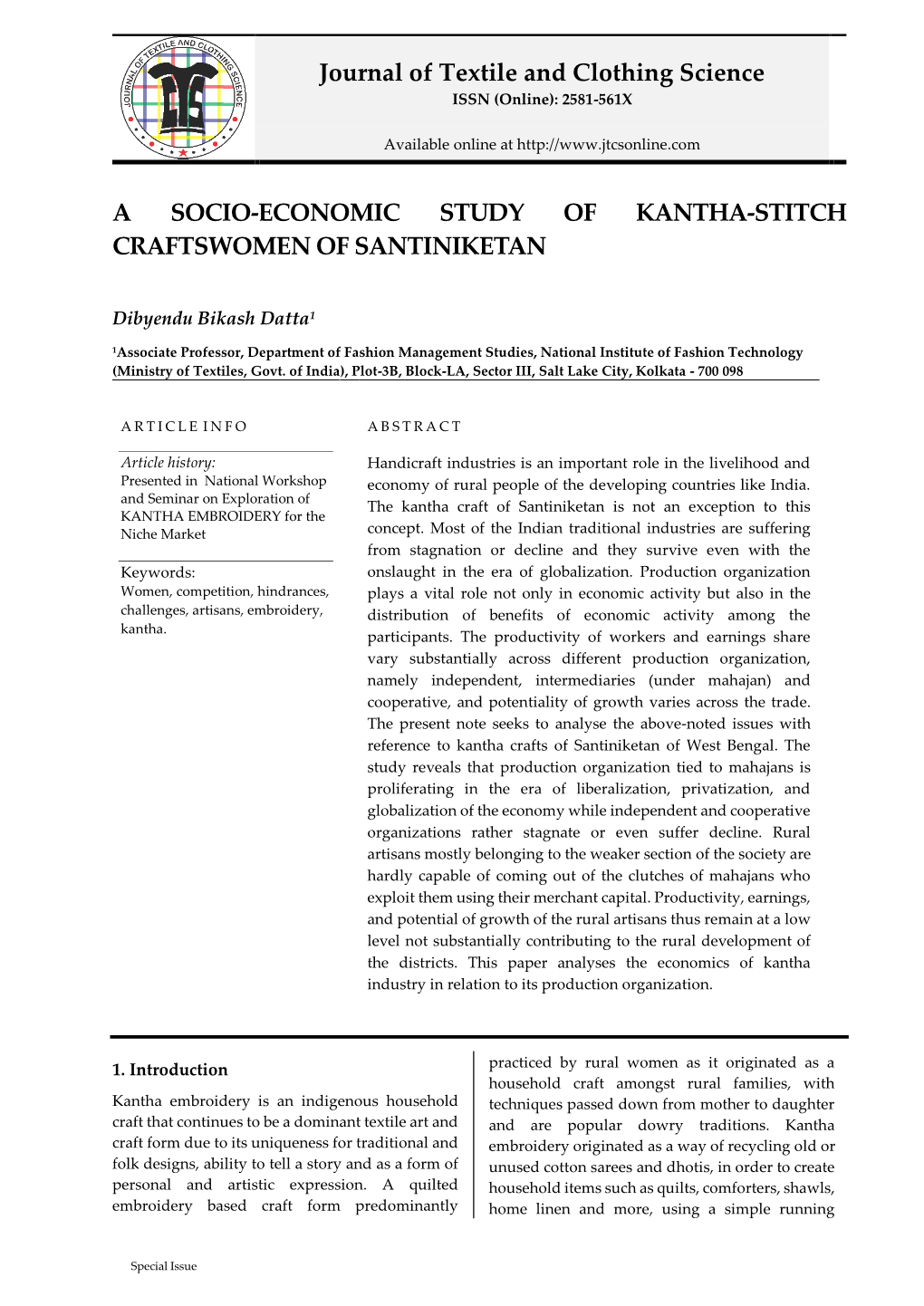 A Socio-Economic Study of Kantha-Stitch Craftswomen of Santiniketan