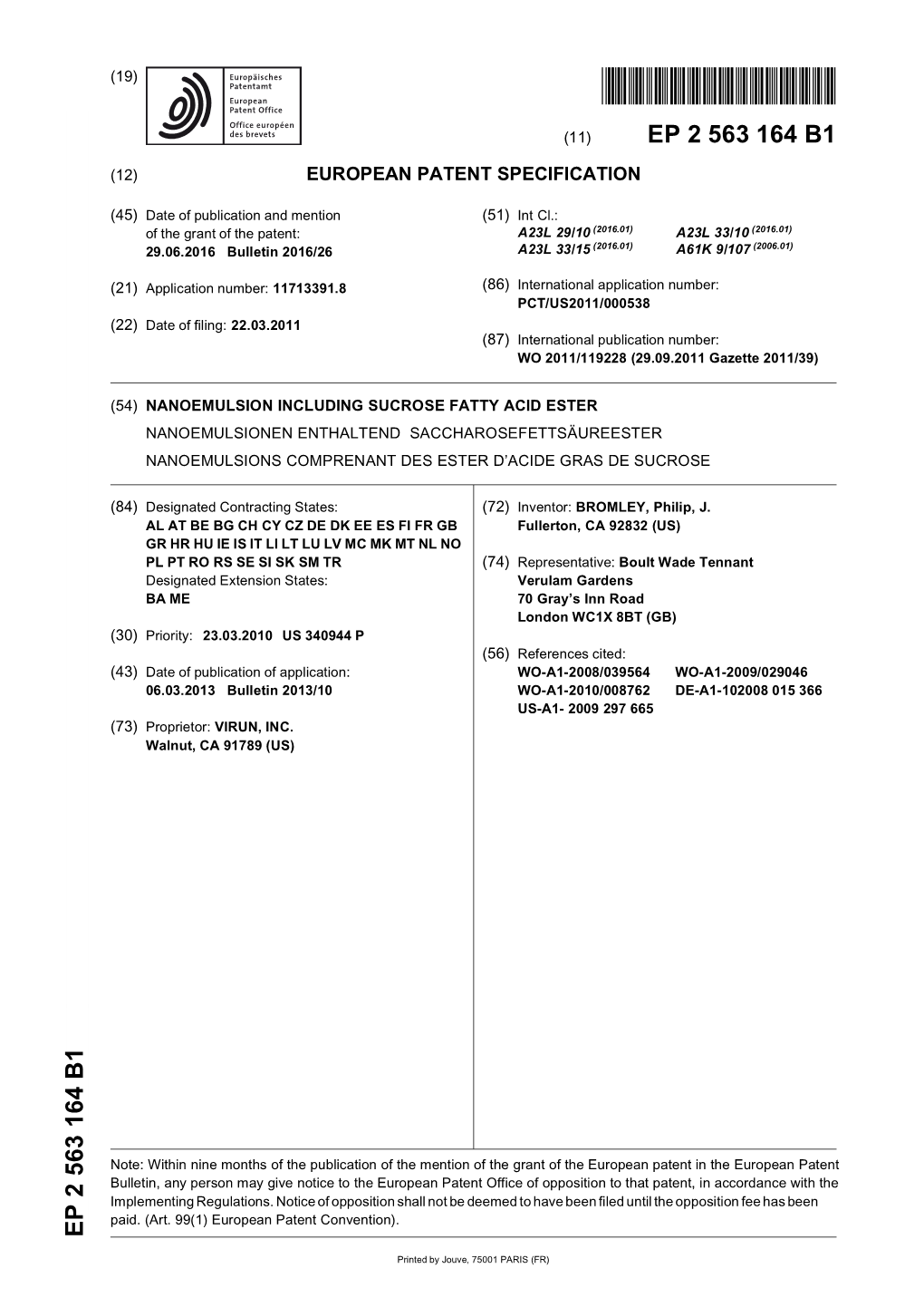 Nanoemulsion Including Sucrose Fatty Acid Ester Nanoemulsionen Enthaltend Saccharosefettsäureester Nanoemulsions Comprenant Des Ester D’Acide Gras De Sucrose