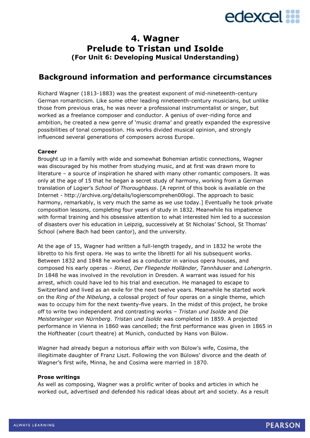 4. Wagner Prelude to Tristan Und Isolde (For Unit 6: Developing Musical Understanding)