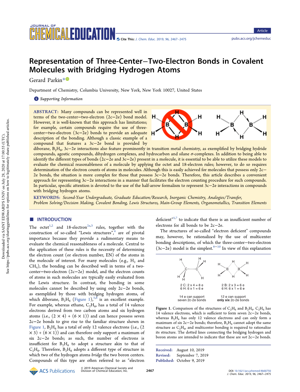 Representation of Three-Center−Two-Electron Bonds in Covalent Molecules with Bridging Hydrogen Atoms Gerard Parkin*