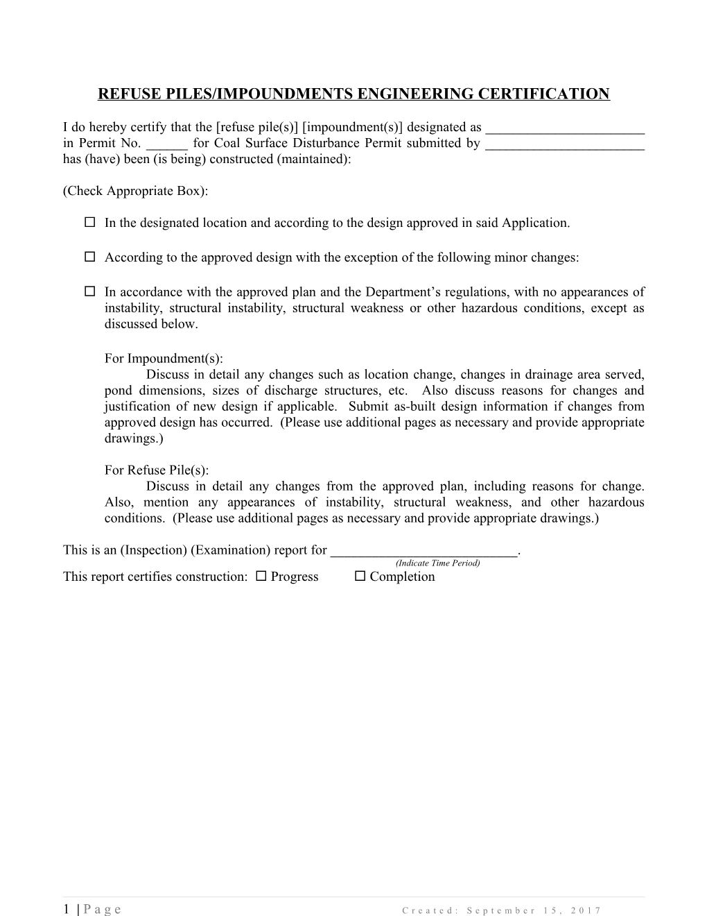 Refuse Pile - Impoundment Certification