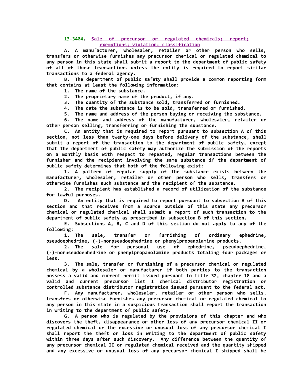 13-3404; Sale of Precursor Or Regulated Chemicals; Report; Exemptions; Violation; Classification