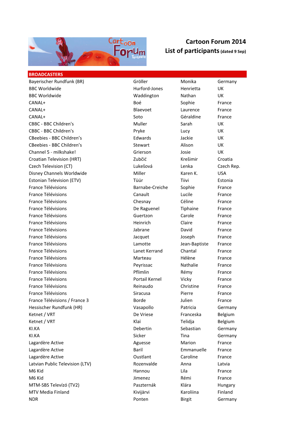 Cartoon Forum 2014 List of Participants (Dated 9 Sep)