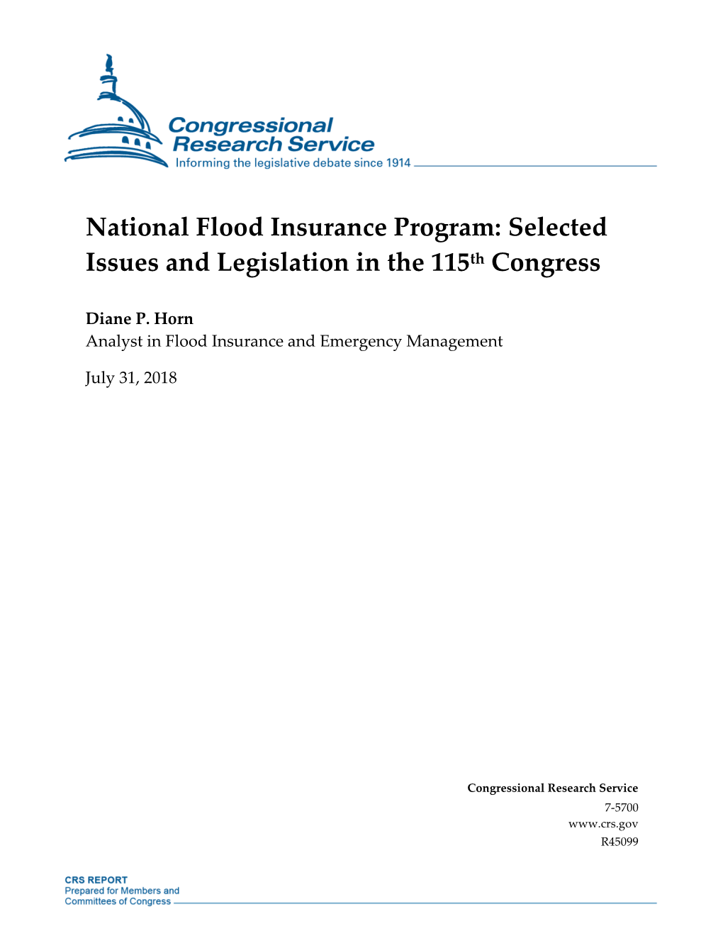 National Flood Insurance Program: Selected Issues and Legislation in the 115Th Congress