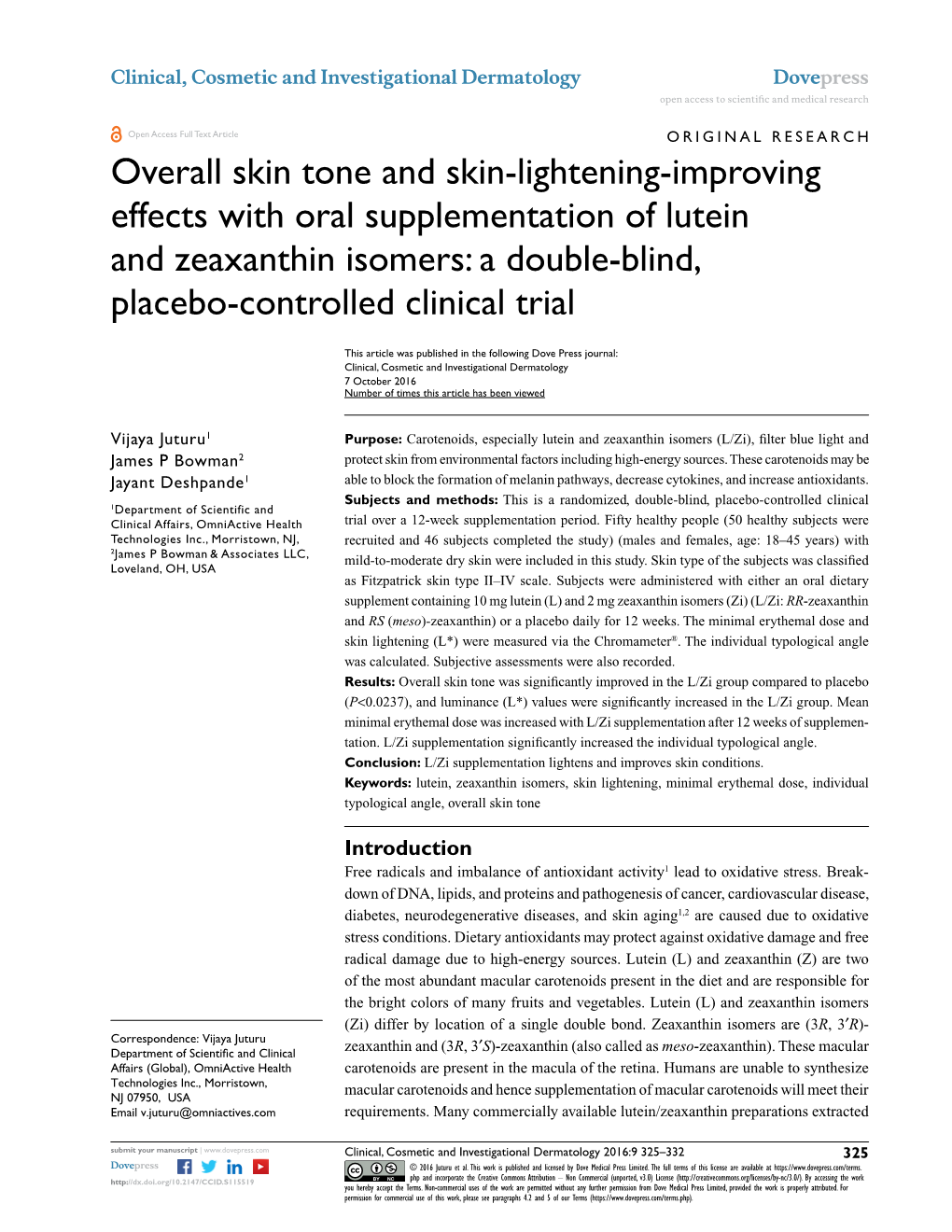 Overall Skin Tone and Skin-Lightening-Improving Effects with Oral Supplementation of Lutein and Zeaxanthin Isomers: a Double-Blind, Placebo‑Controlled Clinical Trial