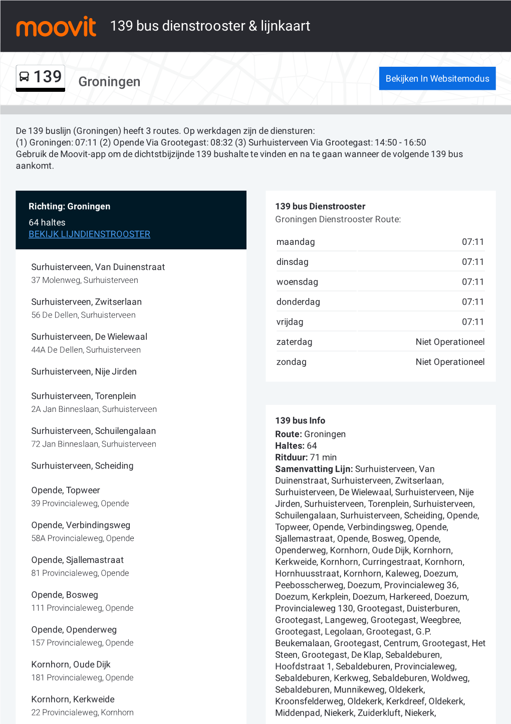 139 Bus Dienstrooster & Lijnroutekaart