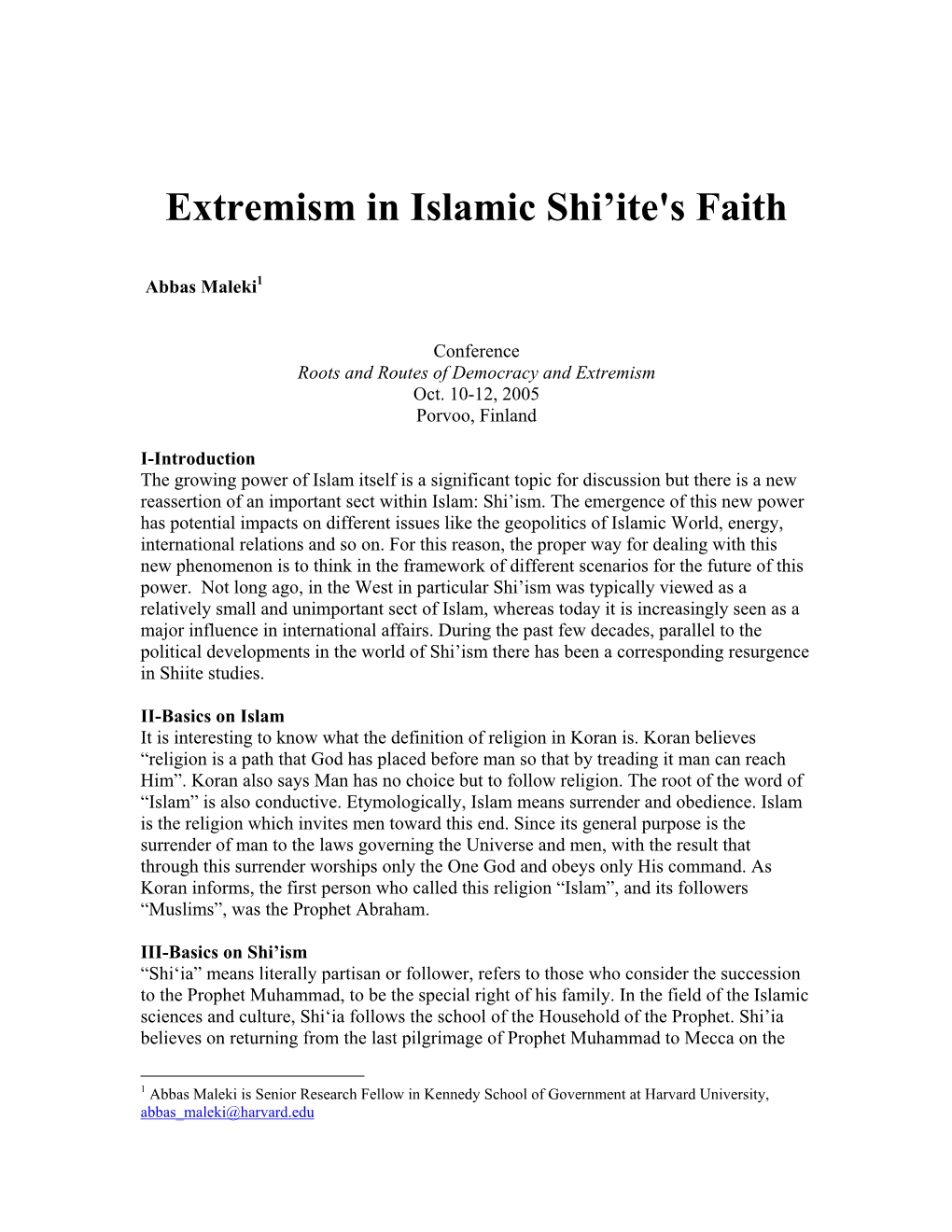 Extremism in Islamic Shi'ite's Faith