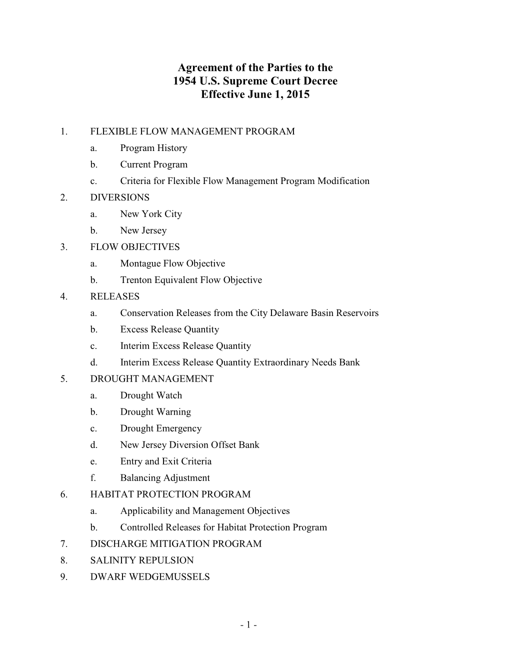 Agreement of the Parties to the 1954 U.S. Supreme Court Decree Effective June 1, 2015