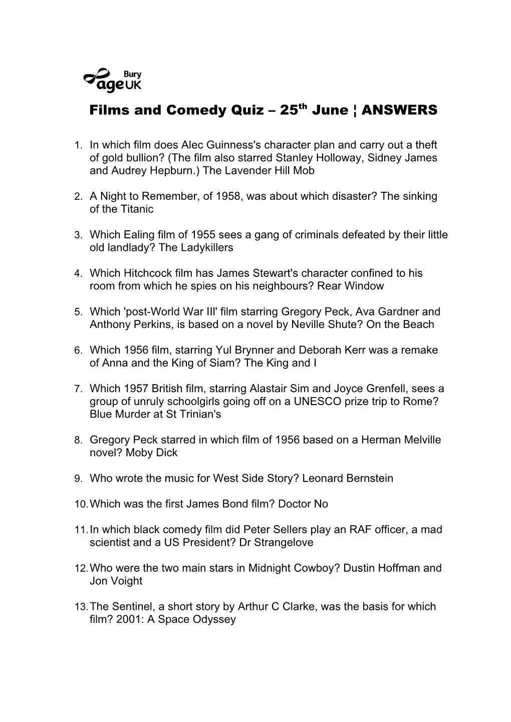 Films and Comedy Quiz – 25Th June ¦ ANSWERS