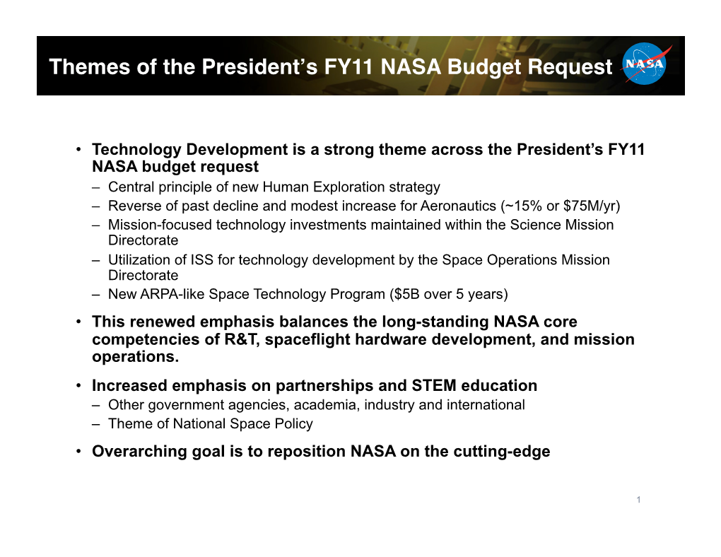 Themes of the Presidentʼs FY11 NASA Budget Request