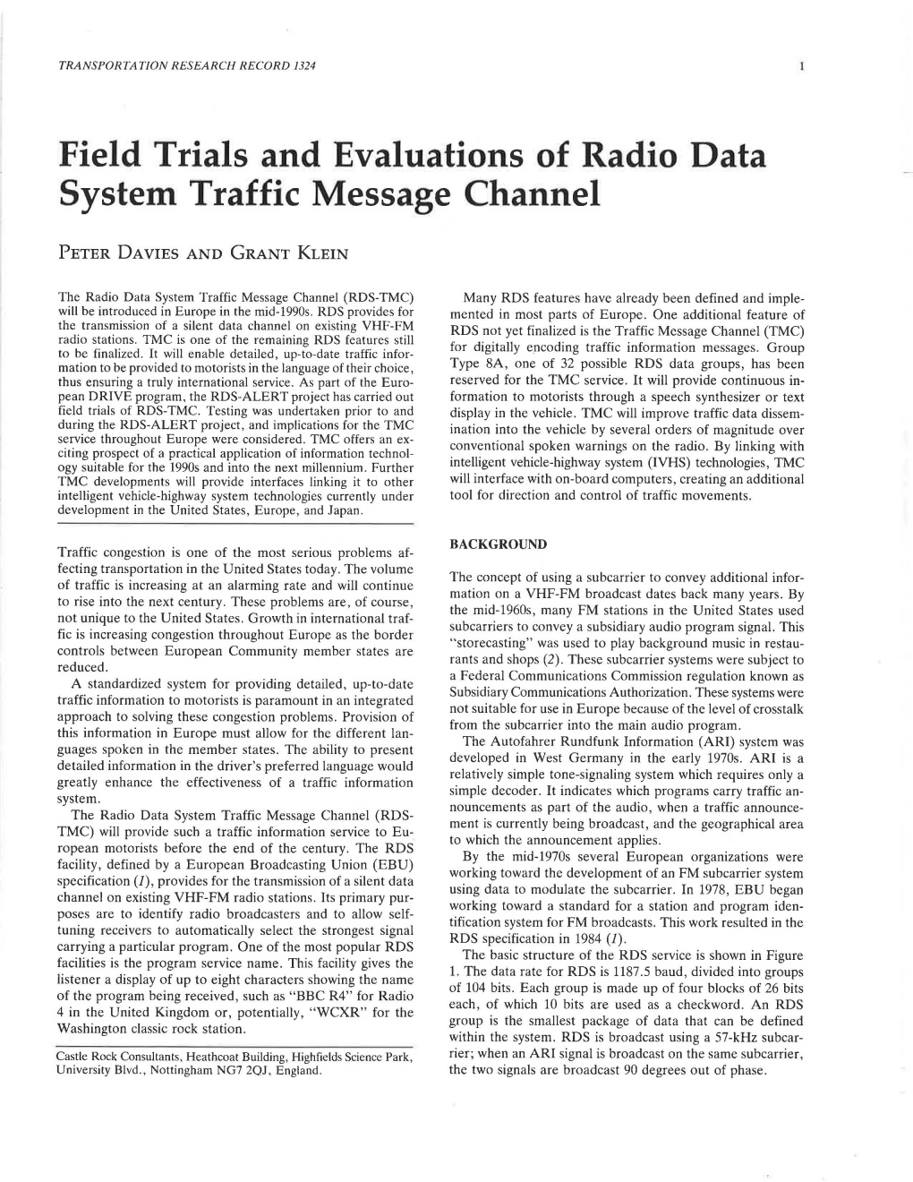 Field Trials and Evaluations of Radio Data System Traffic Message Channel