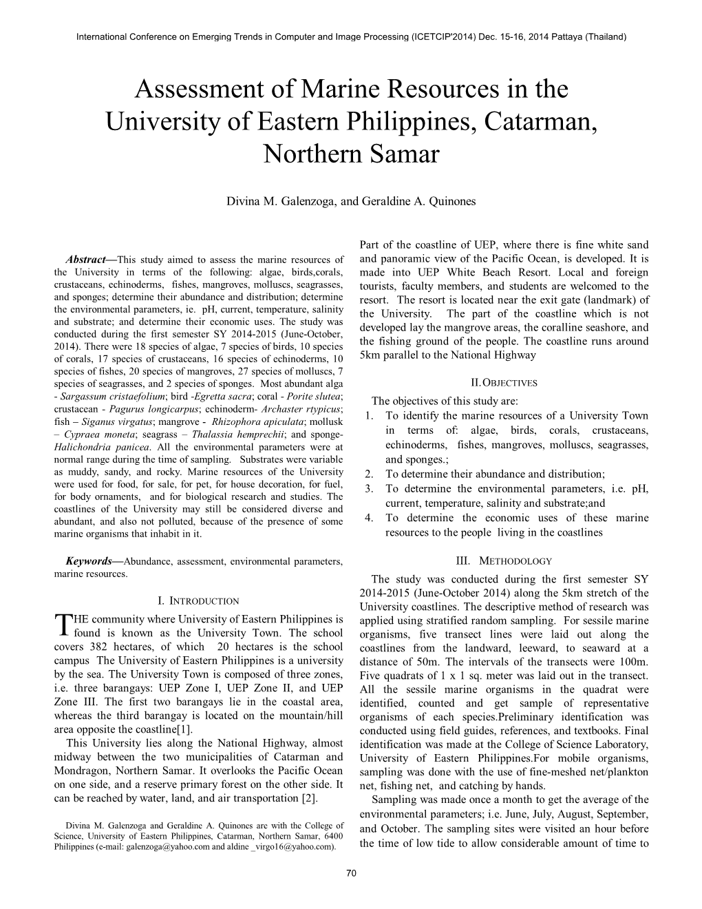 Assessment of Marine Resources in the University of Eastern Philippines, Catarman, Northern Samar