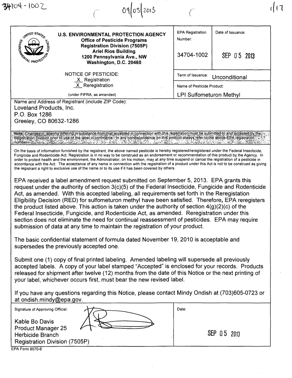 US EPA, Pesticide Product Label, LPI SULFOMETURON METHYL, 09/05