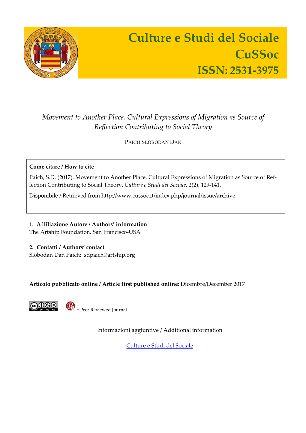 Culture E Studi Del Sociale Cussoc ISSN: 2531-3975