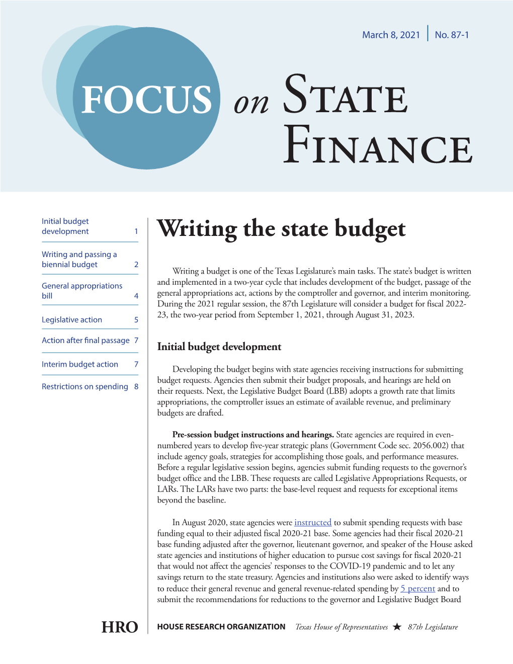 Writing the State Budget: 87Th Legislature