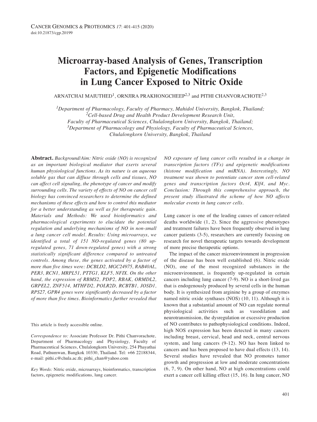 Microarray-Based Analysis of Genes, Transcription Factors, and Epigenetic Modifications in Lung Cancer Exposed to Nitric Oxide