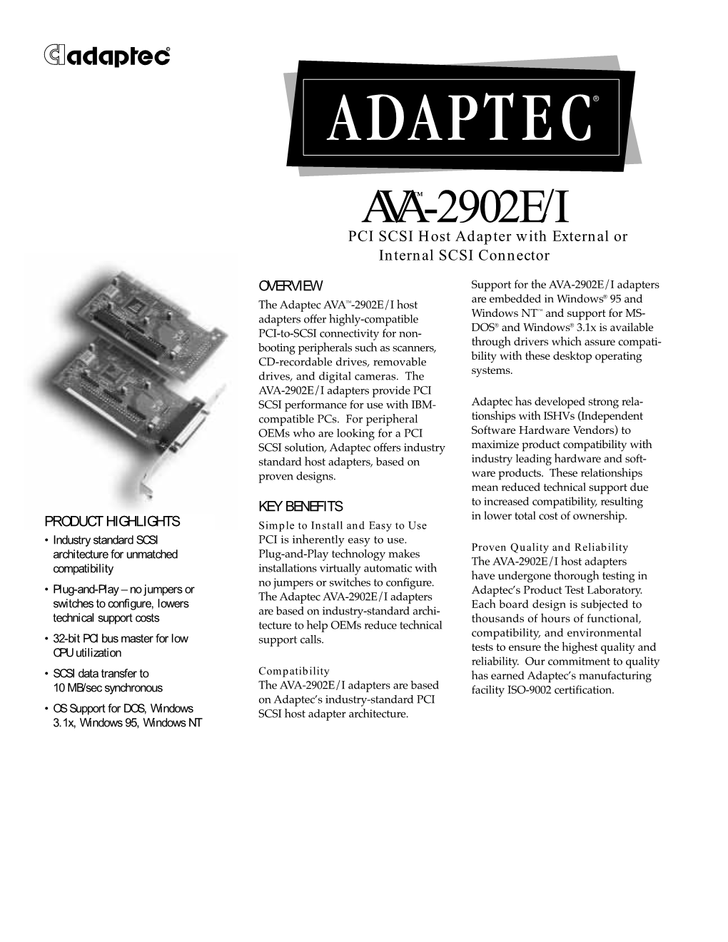 AVA™-2902E/I PCI SCSI Host Adapter with External Or Internal SCSI Connector