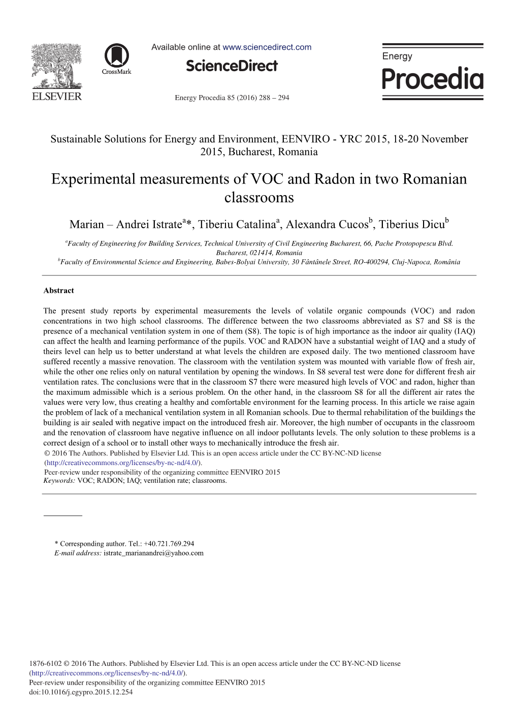 Experimental Measurements of VOC and Radon in Two Romanian Classrooms