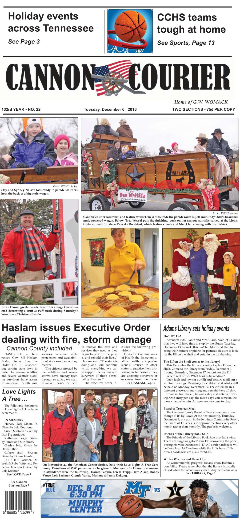 Haslam Issues Executive Order Dealing with Fire, Storm Damage CCHS Teams Tough at Home Holiday Events Across Tennessee