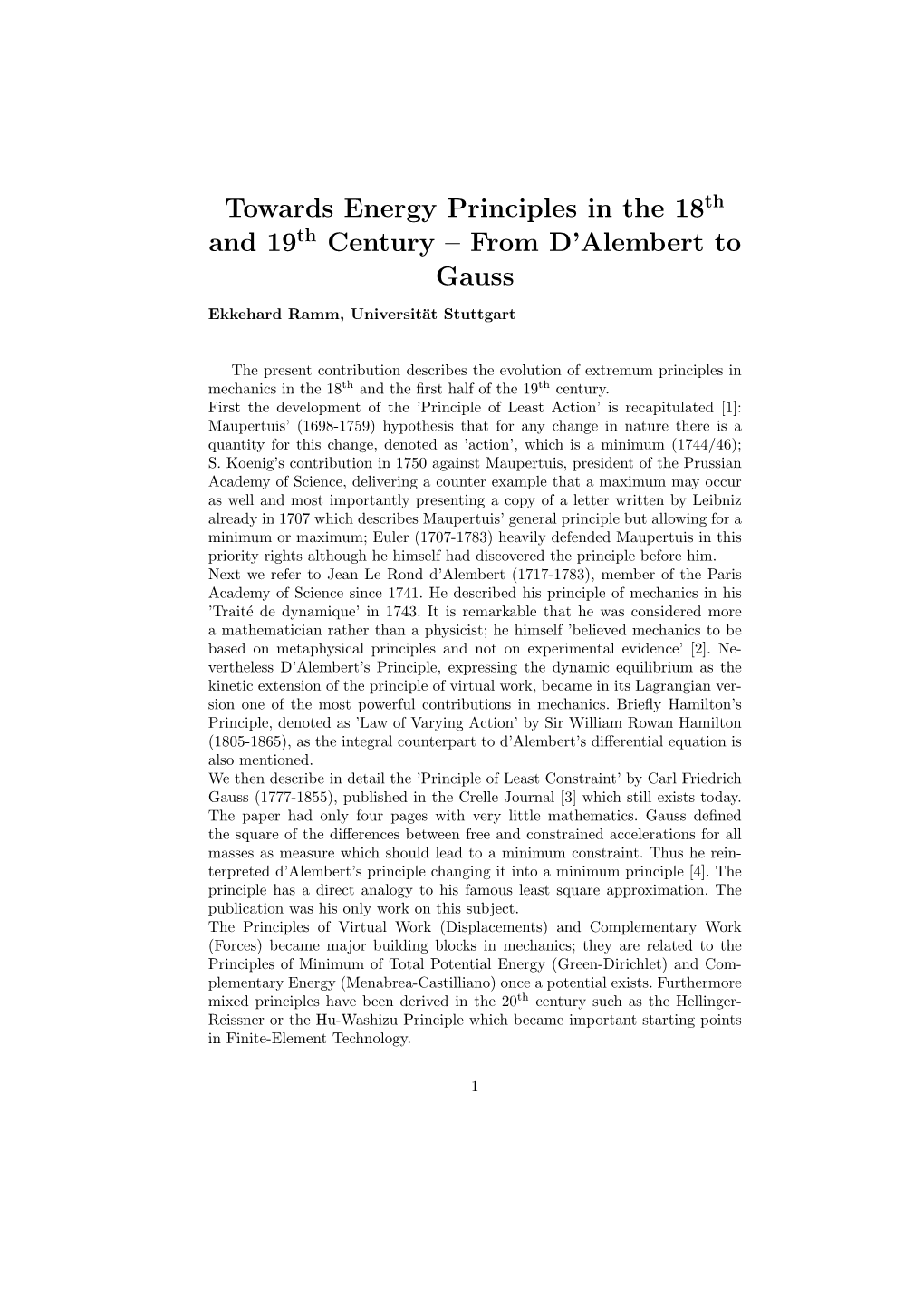 Towards Energy Principles in the 18Th and 19Th Century – from D’Alembert to Gauss