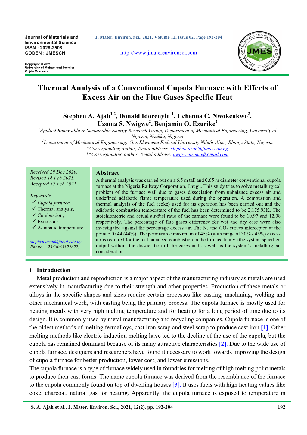 Thermal Analysis of a Conventional Cupola Furnace with Effects of Excess Air on the Flue Gases Specific Heat !