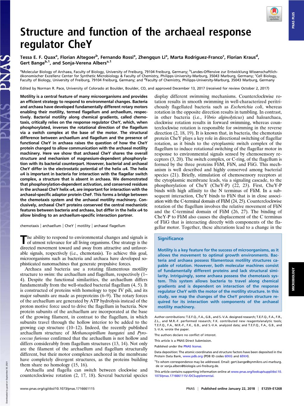 Structure and Function of the Archaeal Response Regulator Chey