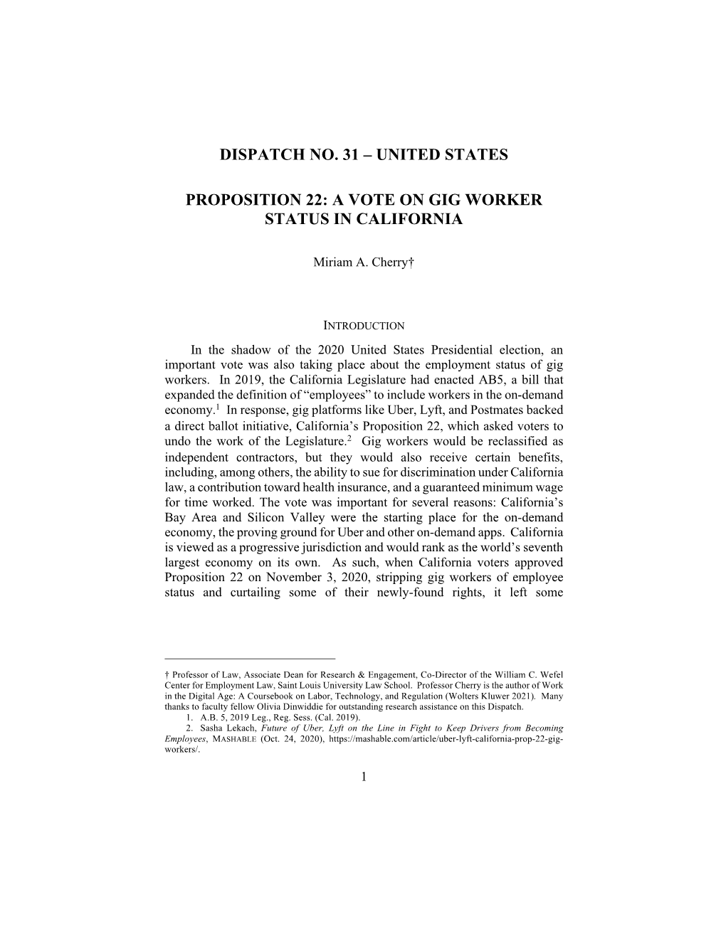 United States Proposition 22: a Vote on Gig Worker Status in California