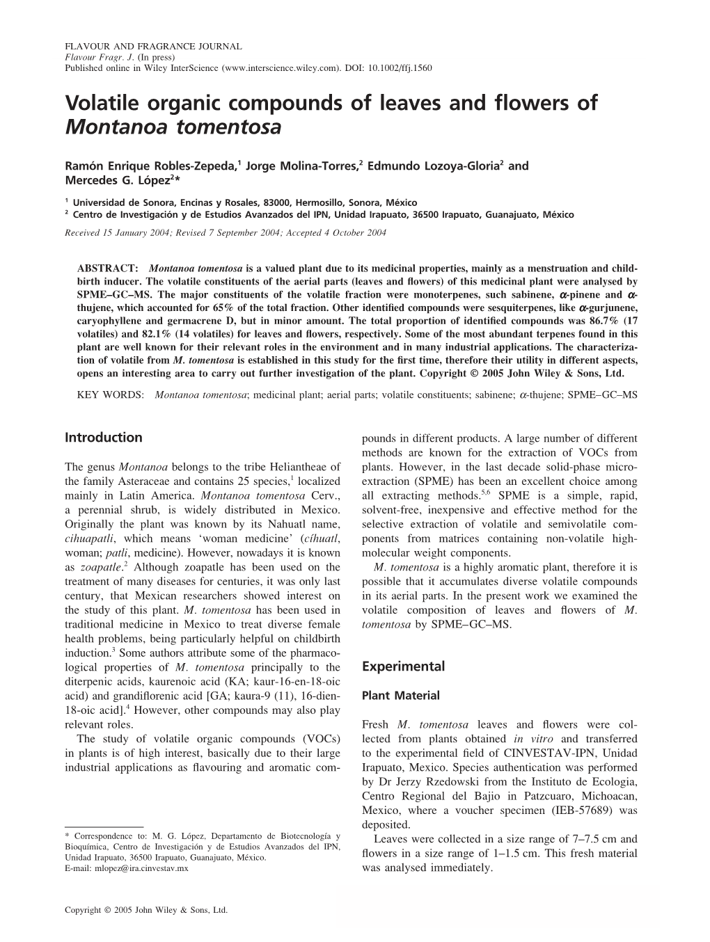 Volatile Organic Compounds of Leaves and Flowers of Montanoa Tomentosa