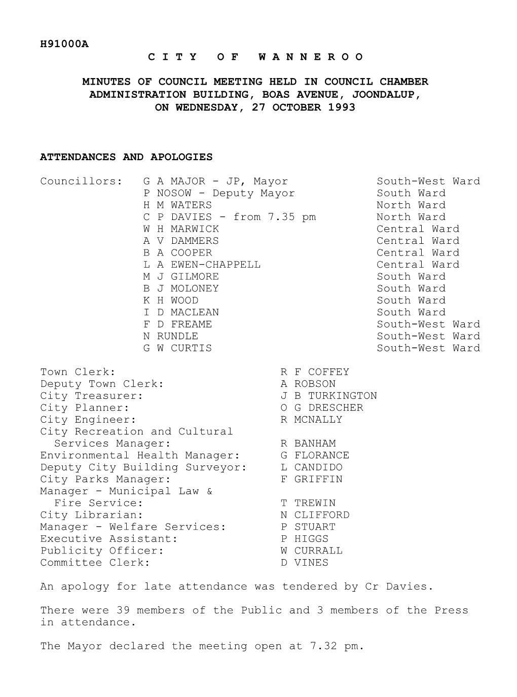 Minutes of Council Meeting Held in Council Chamber Administration Building, Boas Avenue, Joondalup, on Wednesday, 27 October 1993