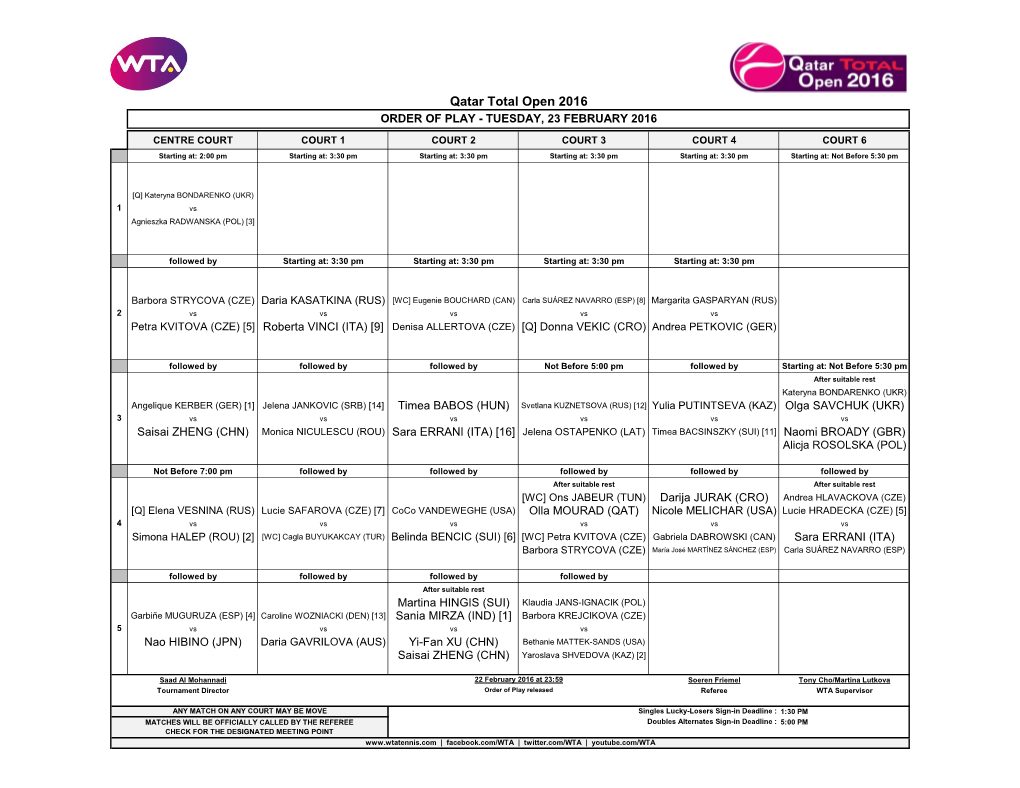 Qatar Total Open 2016 ORDER of PLAY - TUESDAY, 23 FEBRUARY 2016