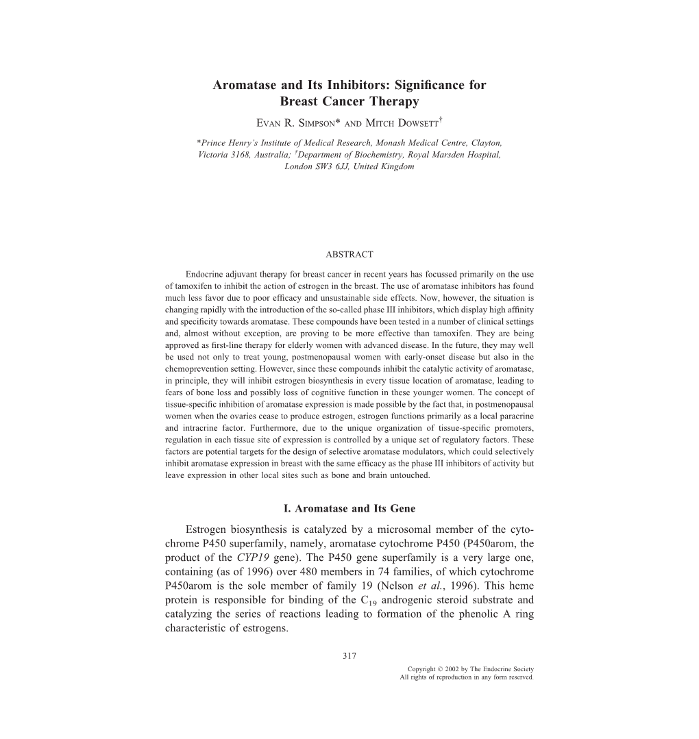 Aromatase and Its Inhibitors: Signiﬁcance for Breast Cancer Therapy † EVAN R