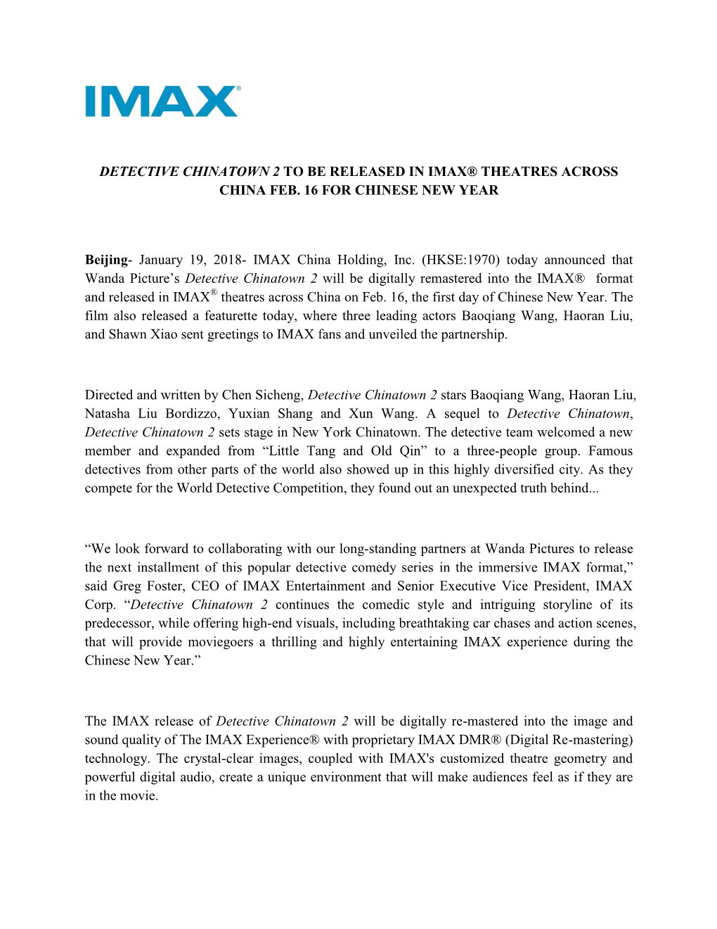 Detective Chinatown 2 to Be Released in Imax® Theatres Across China Feb