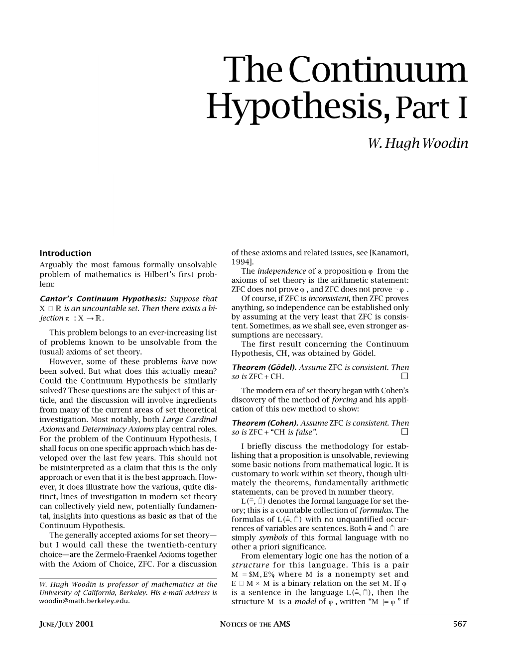 The Continuum Hypothesis, Part I, Volume 48, Number 6