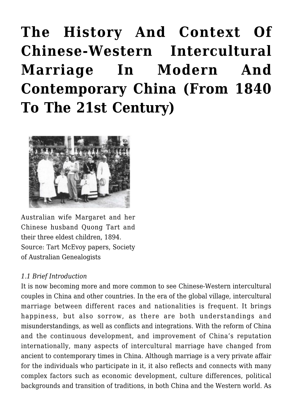 The History and Context of Chinese-Western Intercultural Marriage in Modern and Contemporary China (From 1840 to the 21St Century)