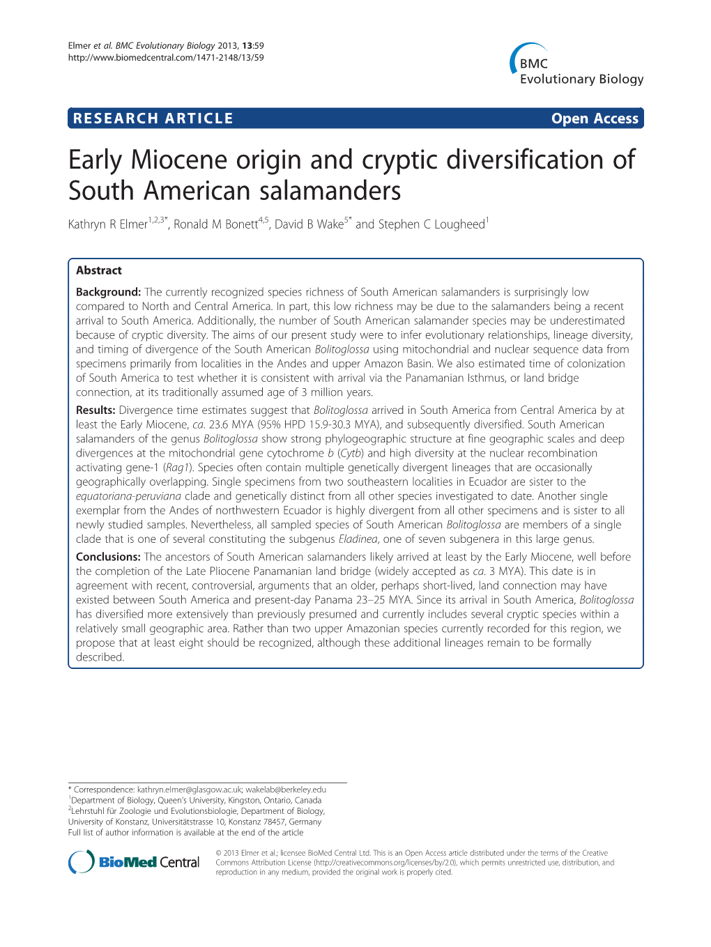 Early Miocene Origin and Cryptic Diversification of South American Salamanders Kathryn R Elmer1,2,3*, Ronald M Bonett4,5, David B Wake5* and Stephen C Lougheed1